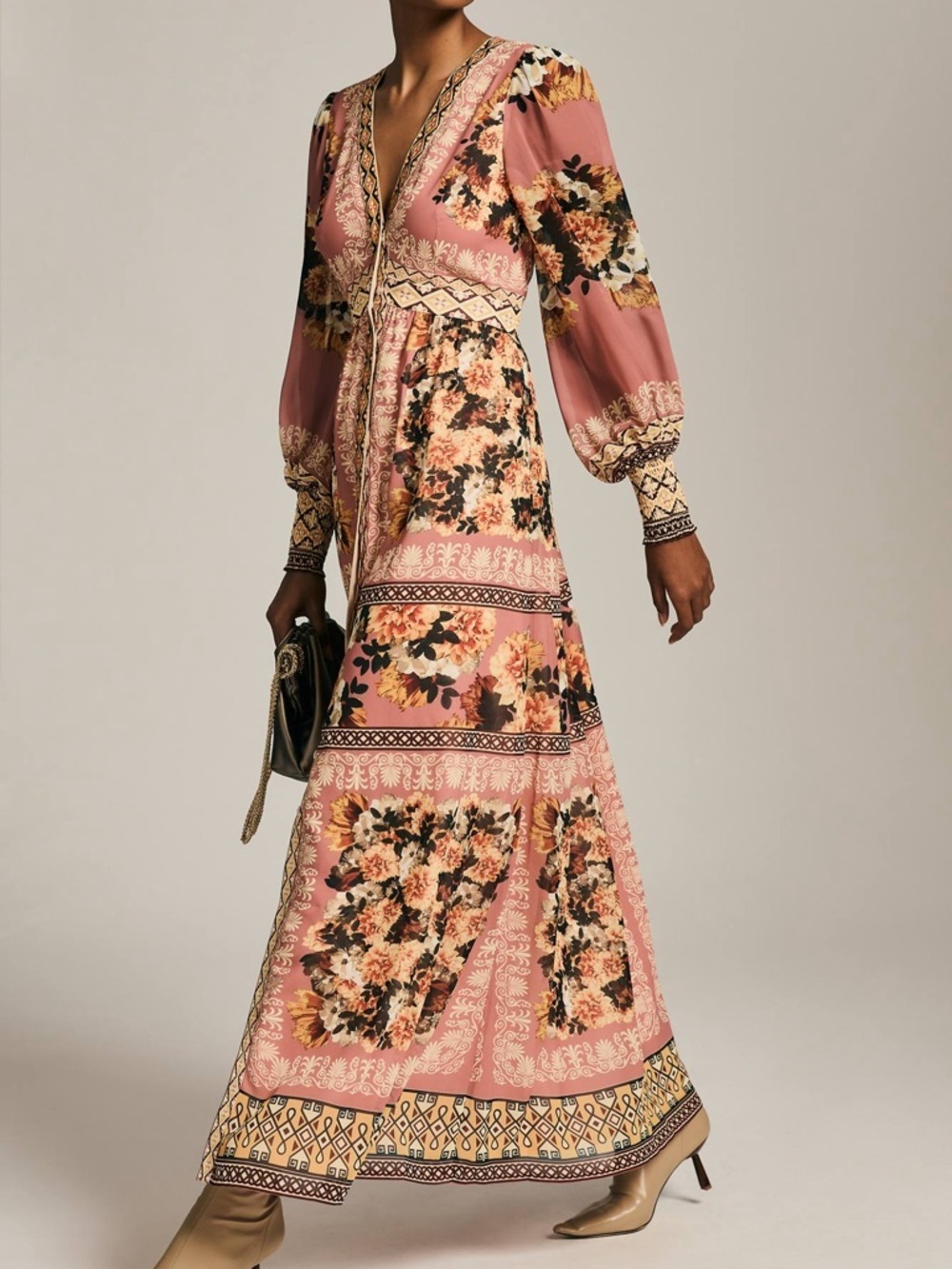 Vineet Bahl Anthropologie Embroidered Long Sleeve Floral Maxi Dress Small